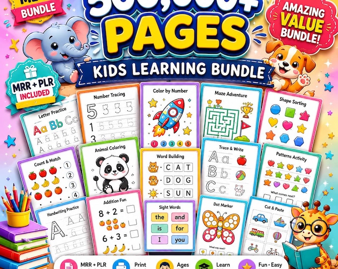 500,000+ Kids Educational Bundle PLR MRR | Printable Worksheets, Coloring Pages, Homeschool Learning Games
