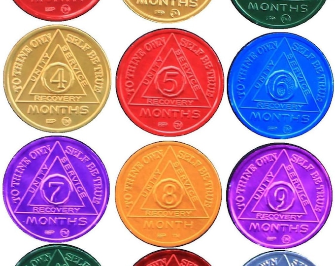 24 Coin 2 Sets of 12 Month 1-11 and 24 Hours AA Medallions Aluminum Colored Sobriety Chips